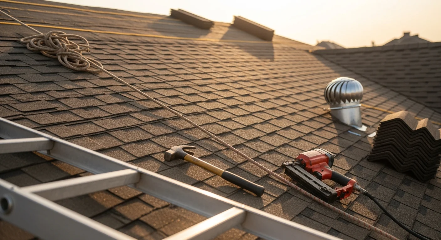 Professional roofer installing new roof shingles on residential home