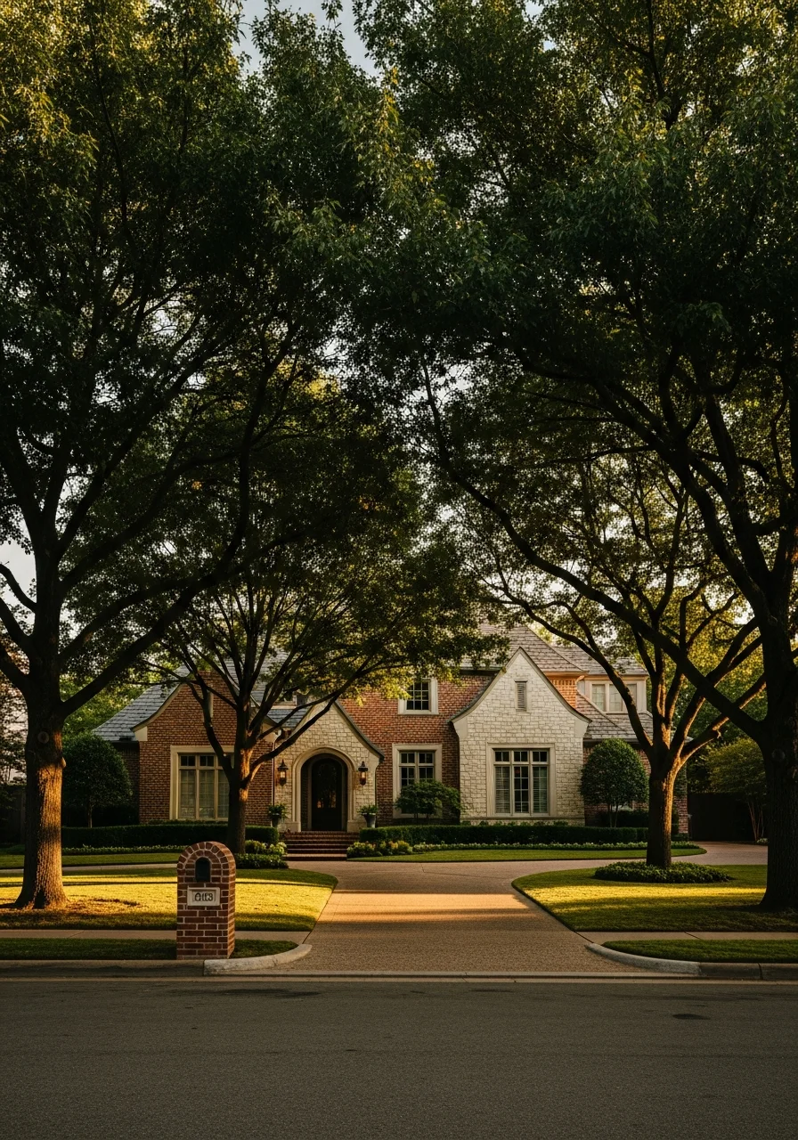 Portrait of an upscale Nichols Hills home with mature landscaping and established neighborhood setting.