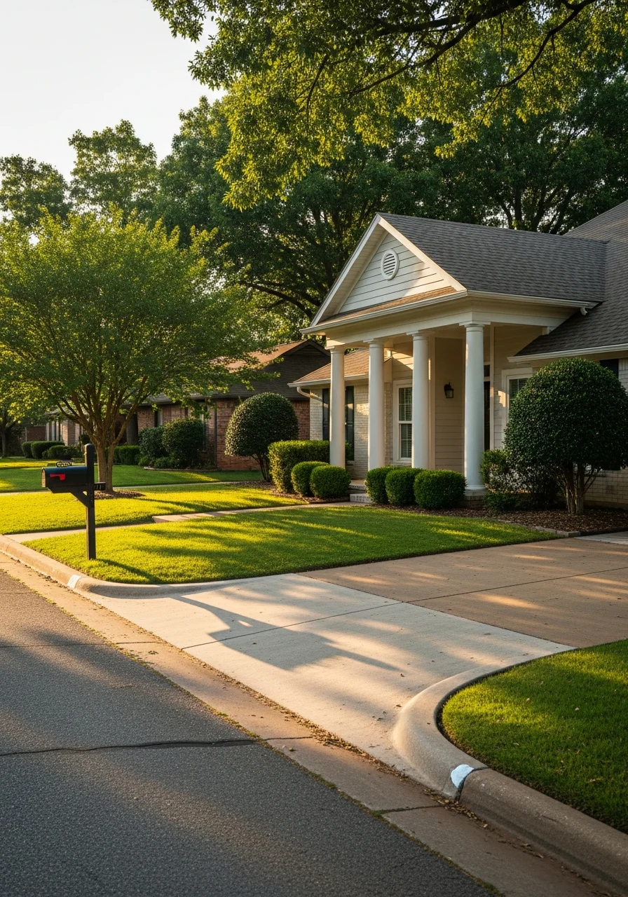 Portrait of a Norman home with front porch and established neighborhood setting.