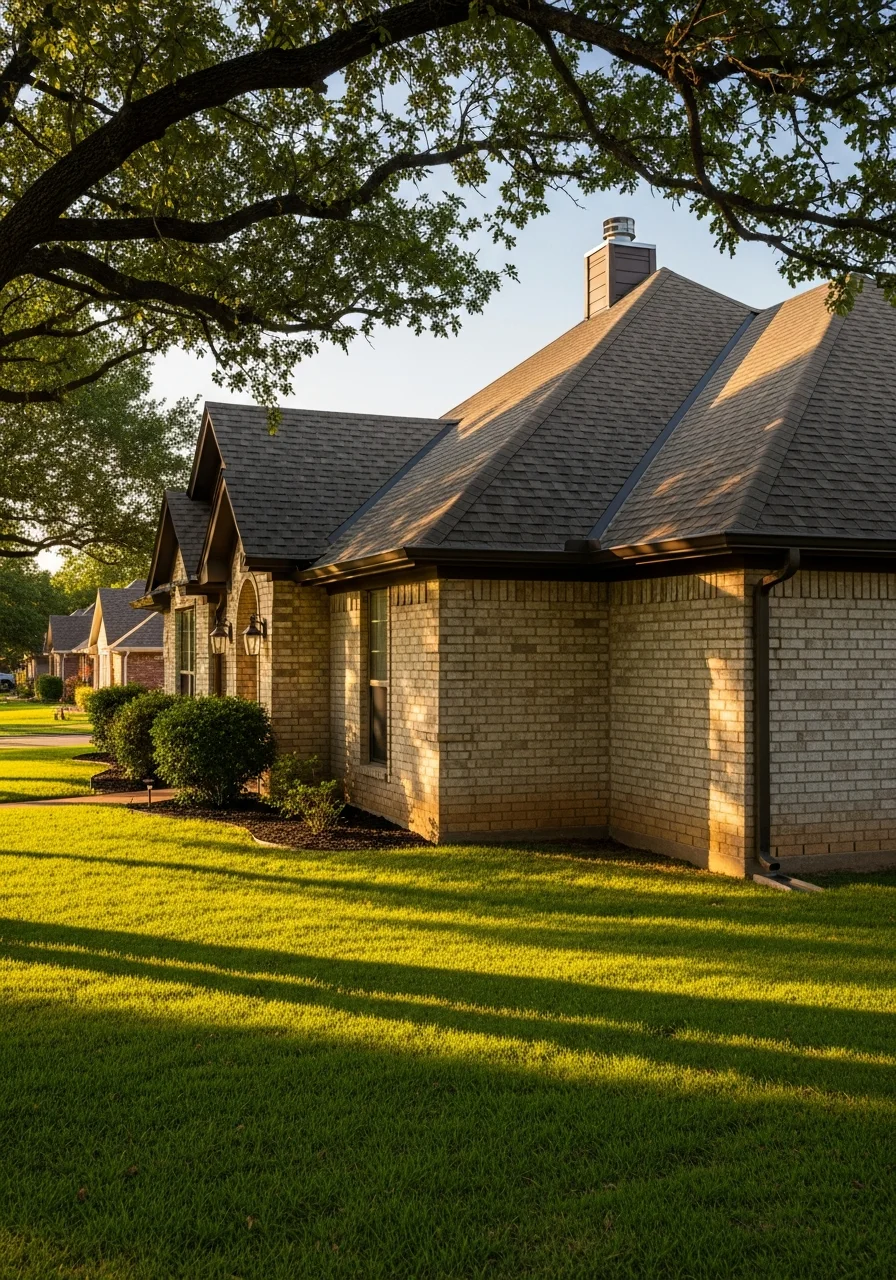 Close-up of a residential home in an Oklahoma City neighborhood with mature trees and well-maintained landscaping.