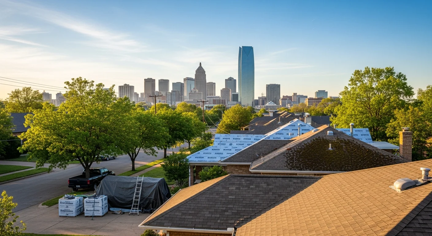 Wide view of Oklahoma City skyline with downtown buildings and residential neighborhoods in the foreground under clear blue sky.