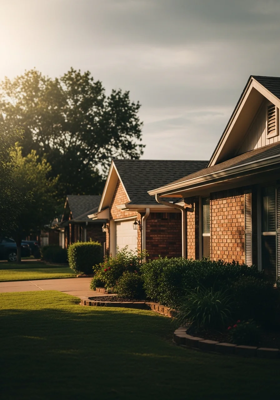 Close-up of a Yukon home exterior with driveway and front landscaping.