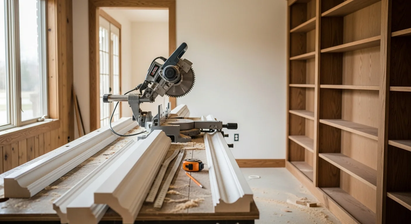 A finished interior room in an Oklahoma City home showing freshly installed custom crown molding and painted wood trim around windows and doorways. Clean corner joints and consistent profile lines are visible throughout the space.