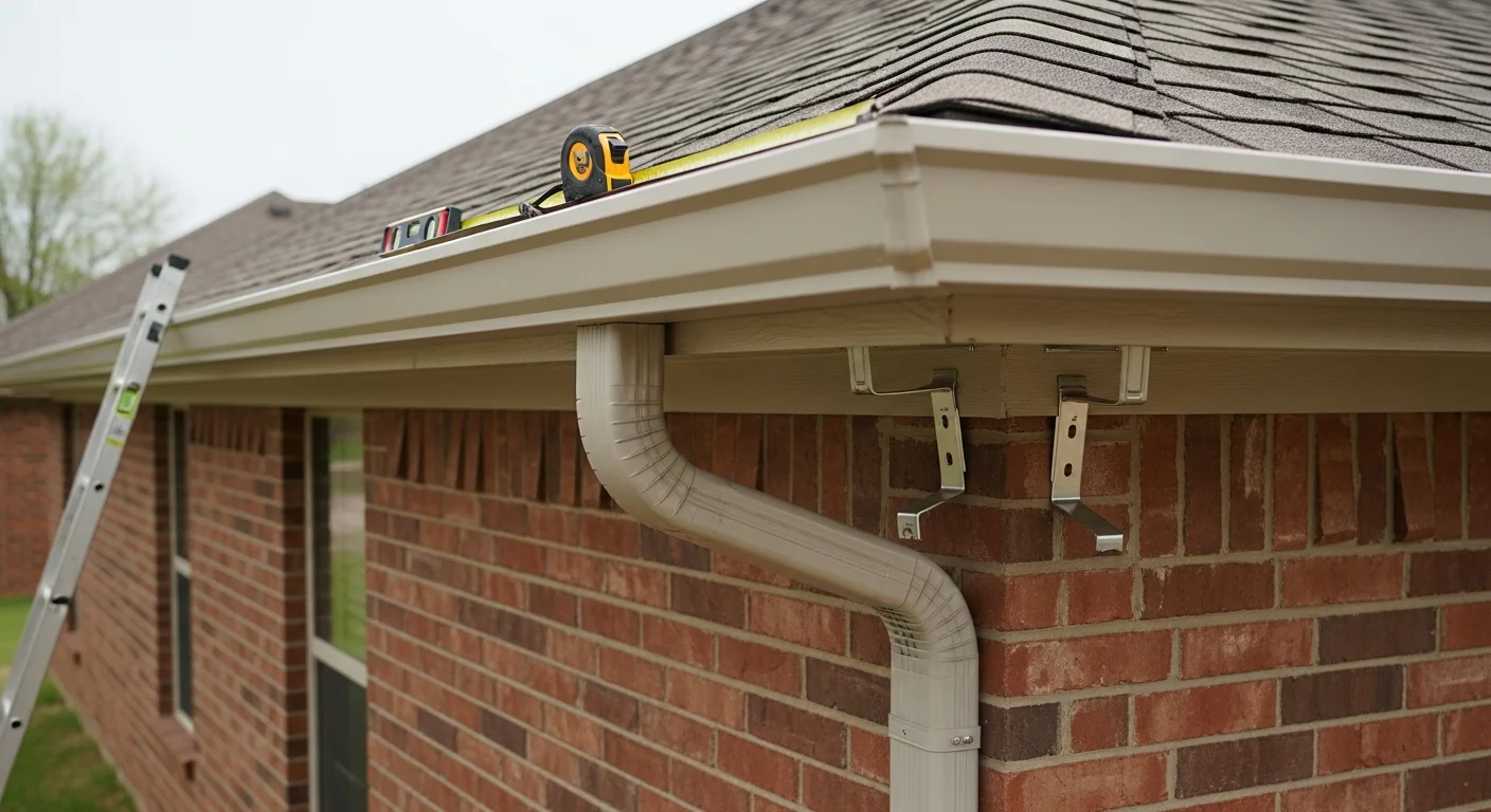 A newly installed metal downspout on the corner of a residential home in Oklahoma City, directing rainwater away from the foundation toward a gravel discharge area. The gutter-to-downspout connection is flush and secure against the exterior wall.