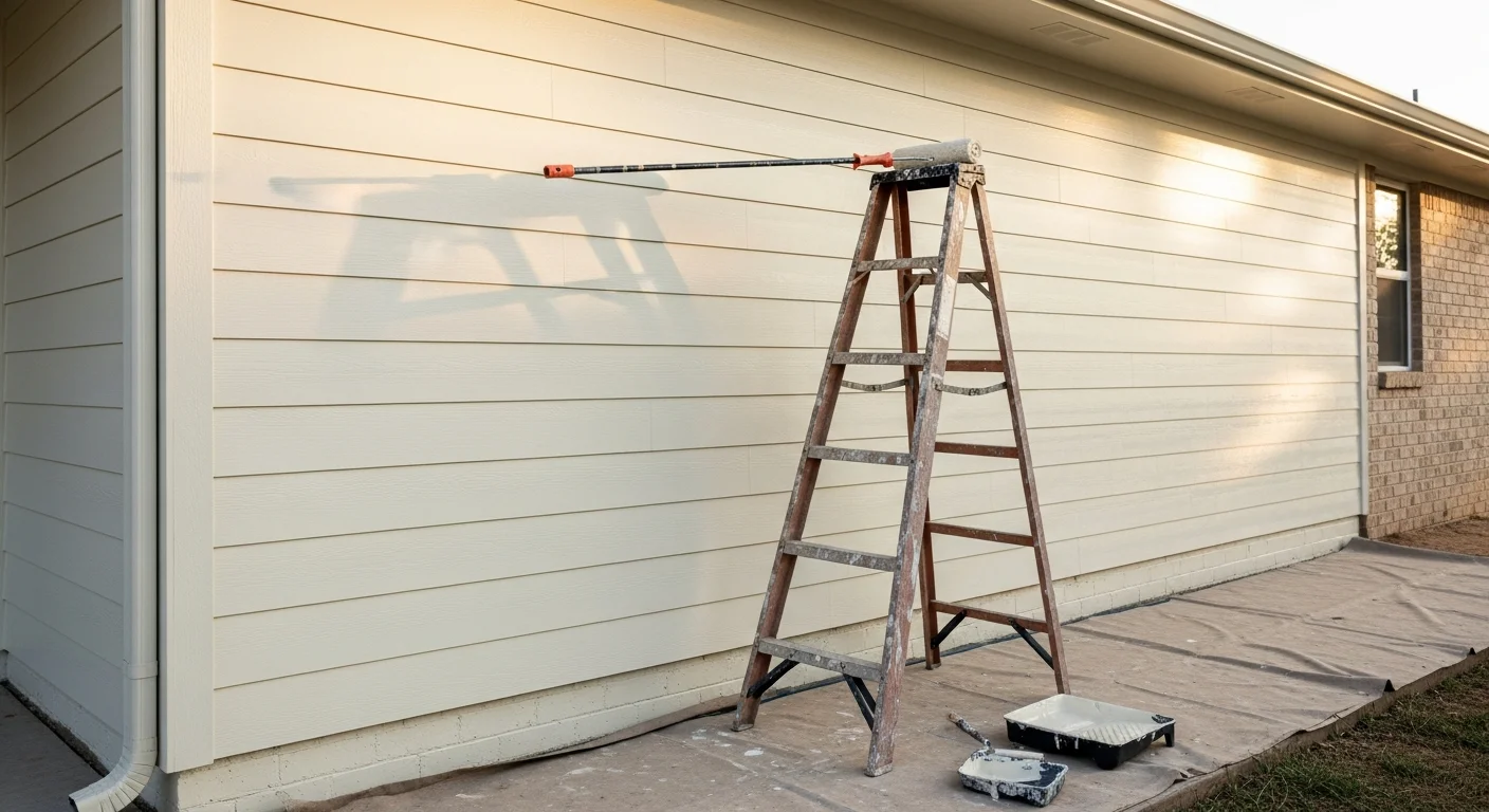 Freshly painted single-story Oklahoma City home with clean white trim, smooth siding, and a dark front door, showing a sharp exterior finish after professional painting. The surrounding yard reflects a typical OKC residential neighborhood with open sky and mature trees.