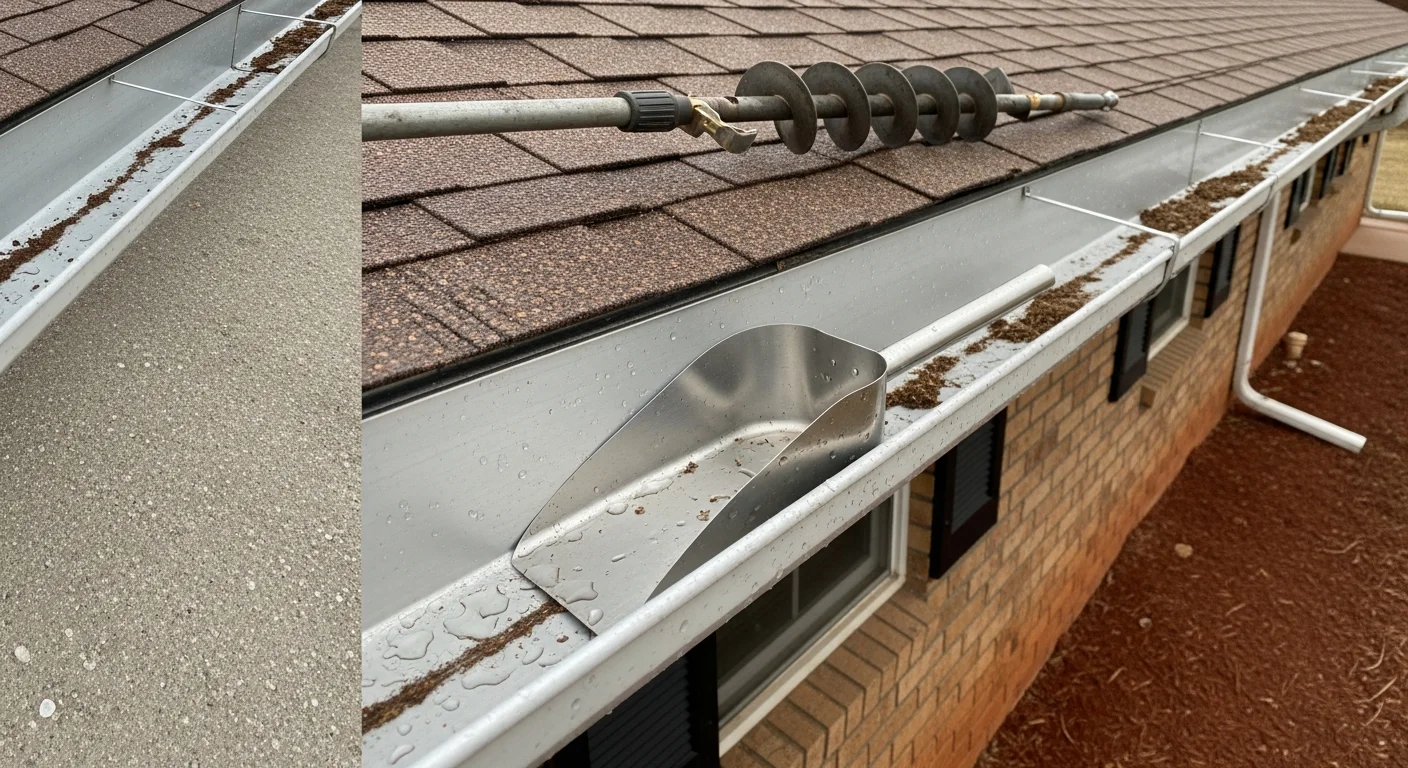 A technician removing packed leaf debris and sediment from a residential gutter on an Oklahoma City home. The cleaned aluminum gutter channel and flushed downspout are visible against the home's fascia board.