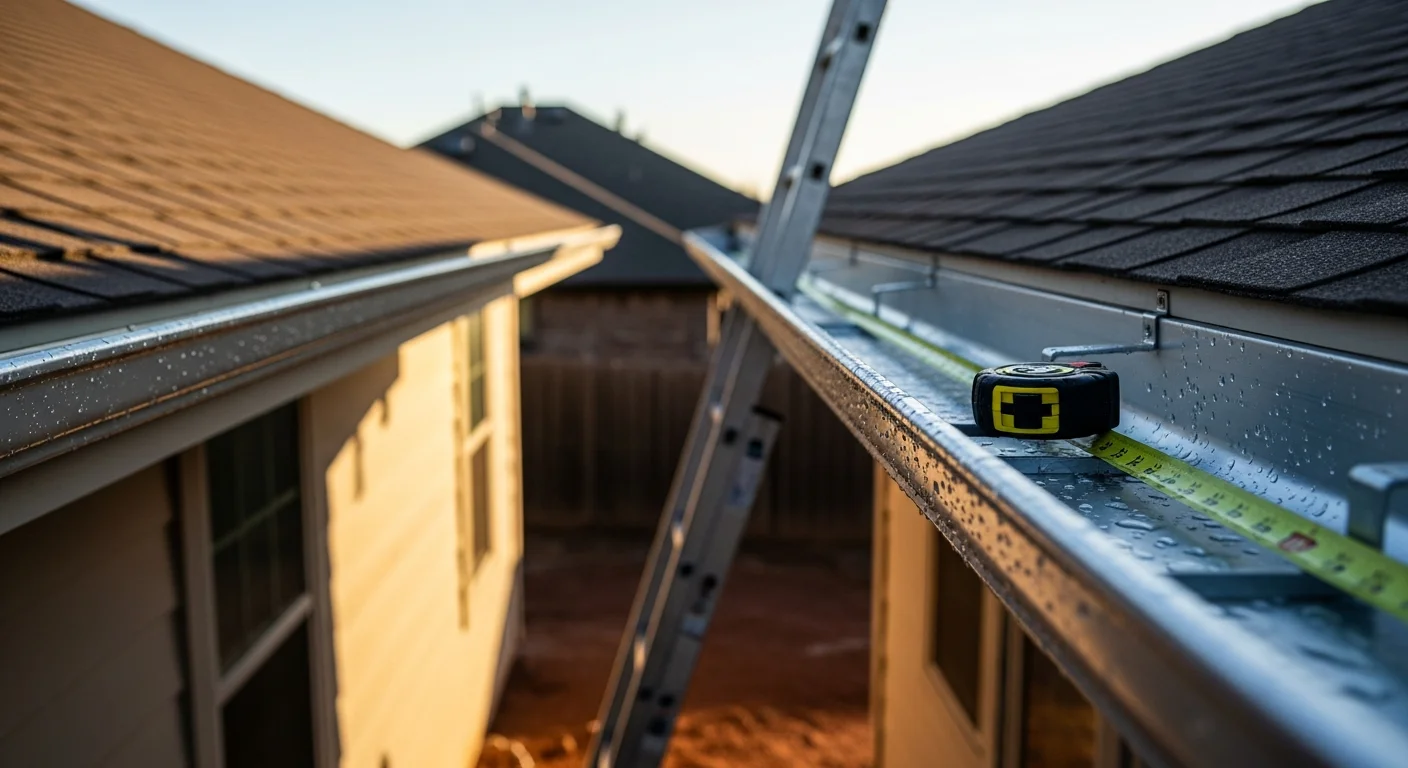 Newly installed gutters running along the roofline of a single-story Oklahoma City home, with a downspout directing water away from the foundation. Clear sky visible after a storm, with no overflow or sagging along the gutter run.