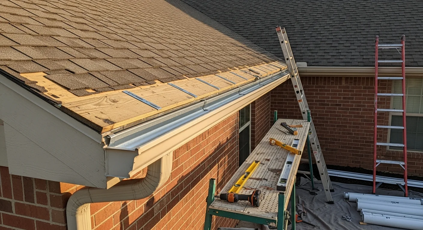 A newly installed gutter system running along the roofline of a single-story Oklahoma City home, with a clean downspout directing water away from the foundation. The old damaged gutters have been removed and replaced with a properly pitched system secured against the fascia board.