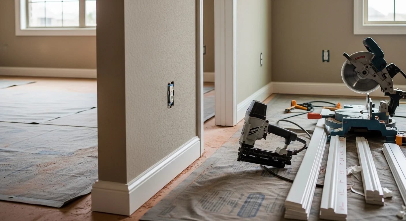 Freshly installed white crown molding and baseboards in an Oklahoma City living room with clean corner joints and painted drywall. Interior finishing carpentry work completed by Webb Roofing & Construction405 showing precise trim alignment along the wall-to-ceiling and wall-to-floor transitions.