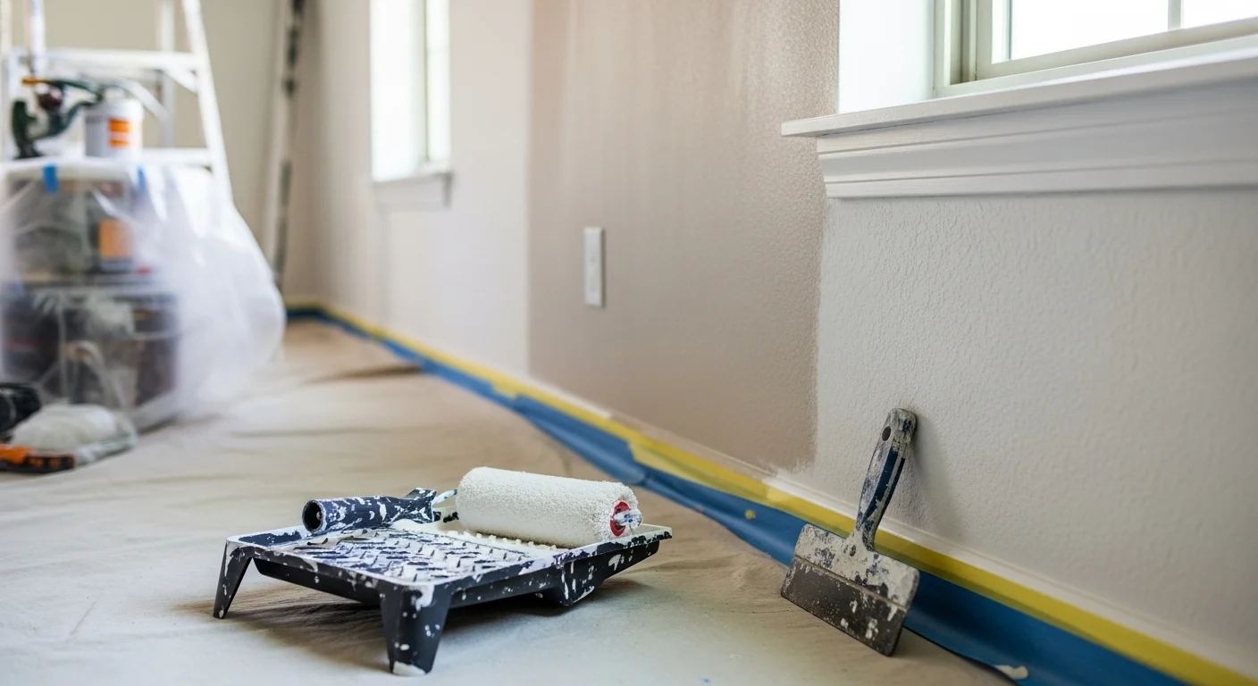Freshly painted interior living room walls with clean trim lines in an Oklahoma City home. A professional painter from Webb Roofing & Construction405 applies a smooth, even coat to the wall surface with furniture covered and floors protected.