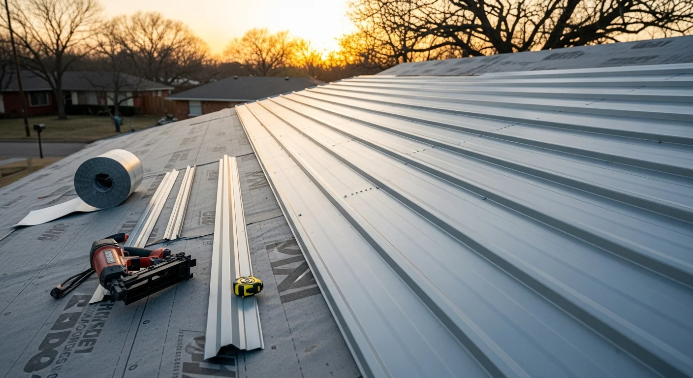A completed metal roof installation on a single-story residential home in Oklahoma City, showing clean vertical panels and finished ridge detail. The surrounding neighborhood reflects a typical OKC residential street with open sky overhead.