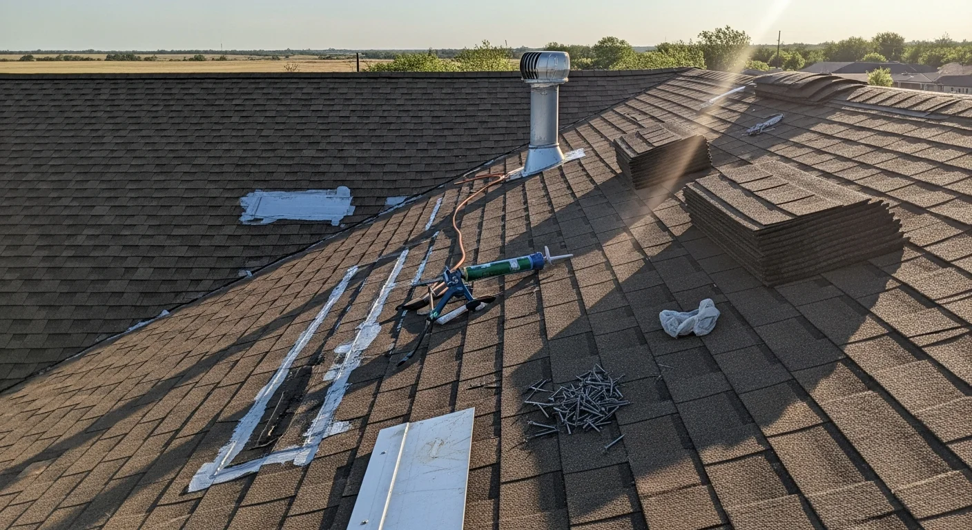 A roofing contractor repairing hail-damaged shingles on a residential home in Oklahoma City, with replaced flashing visible around a rooftop vent. The surrounding neighborhood shows typical OKC single-family housing under a partly cloudy sky.