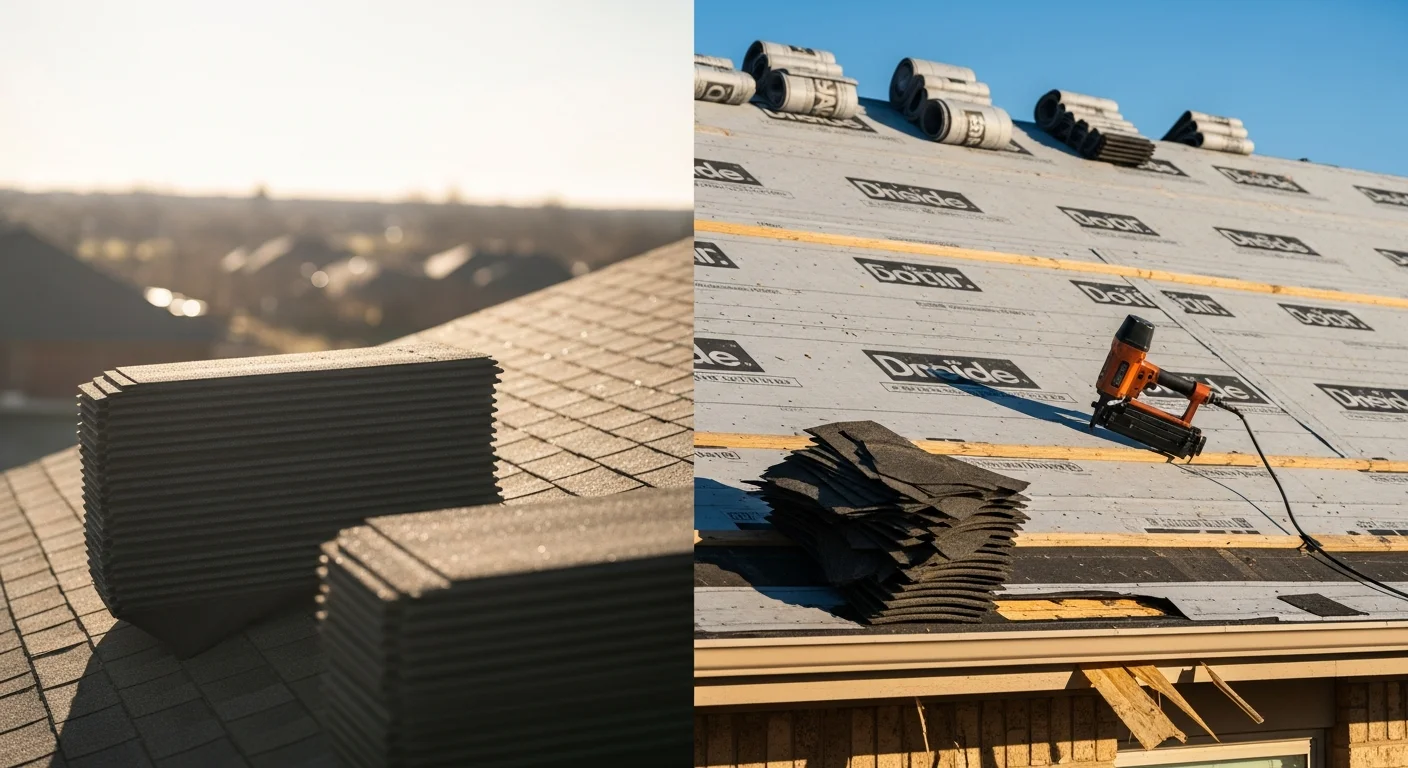 A completed residential roof replacement on an Oklahoma City home, showing new shingles installed across the full roof slope with clean ridge lines and replaced flashing at the chimney. The surrounding neighborhood reflects the low-slope residential construction common across the OKC metro.