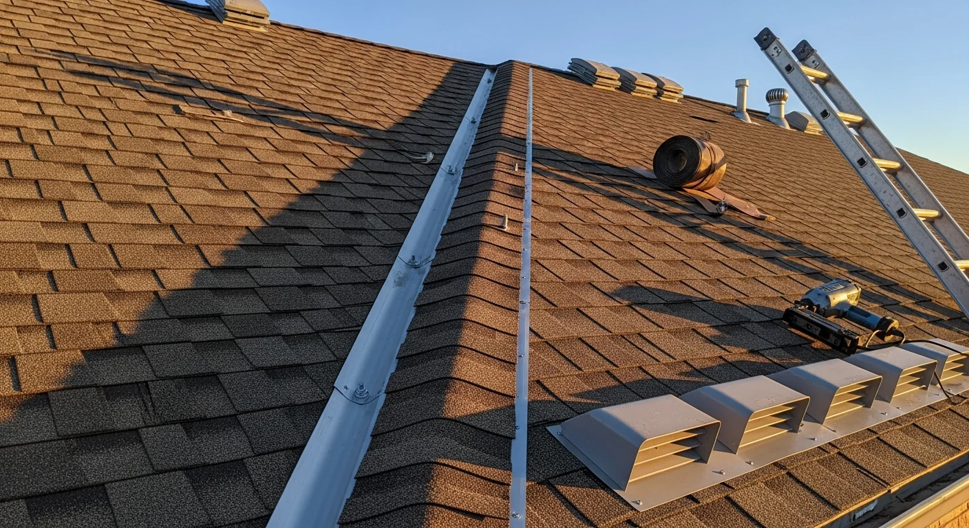 A roofer installing ridge vent along the peak of a residential roof in Oklahoma City, with soffit vents visible along the eave line below. The completed ventilation system shows balanced intake and exhaust points across the full roofline.