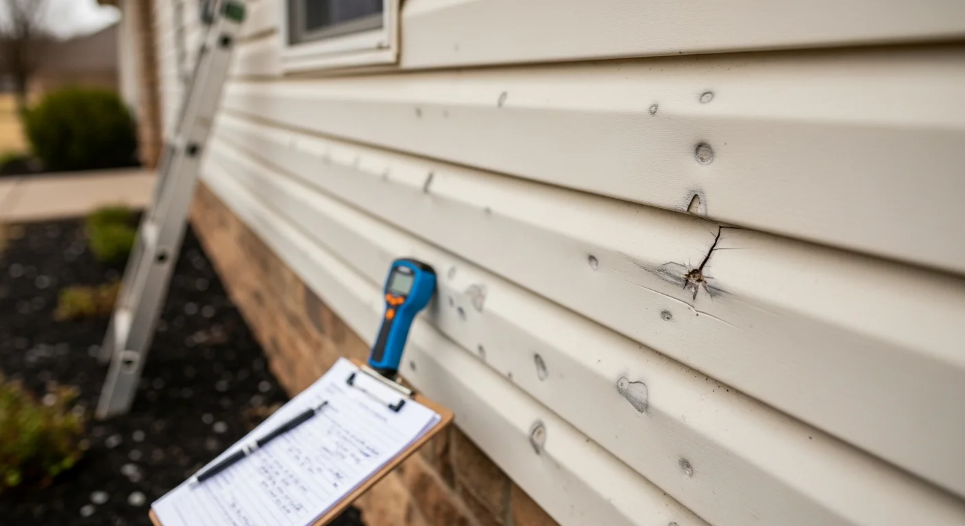 A Webb Roofing & Construction405 contractor closely inspecting siding panels on an Oklahoma City home for hail dents, cracks, and moisture damage after a storm. The exterior shows typical residential siding on a single-story home with visible panel seams and trim lines under review.