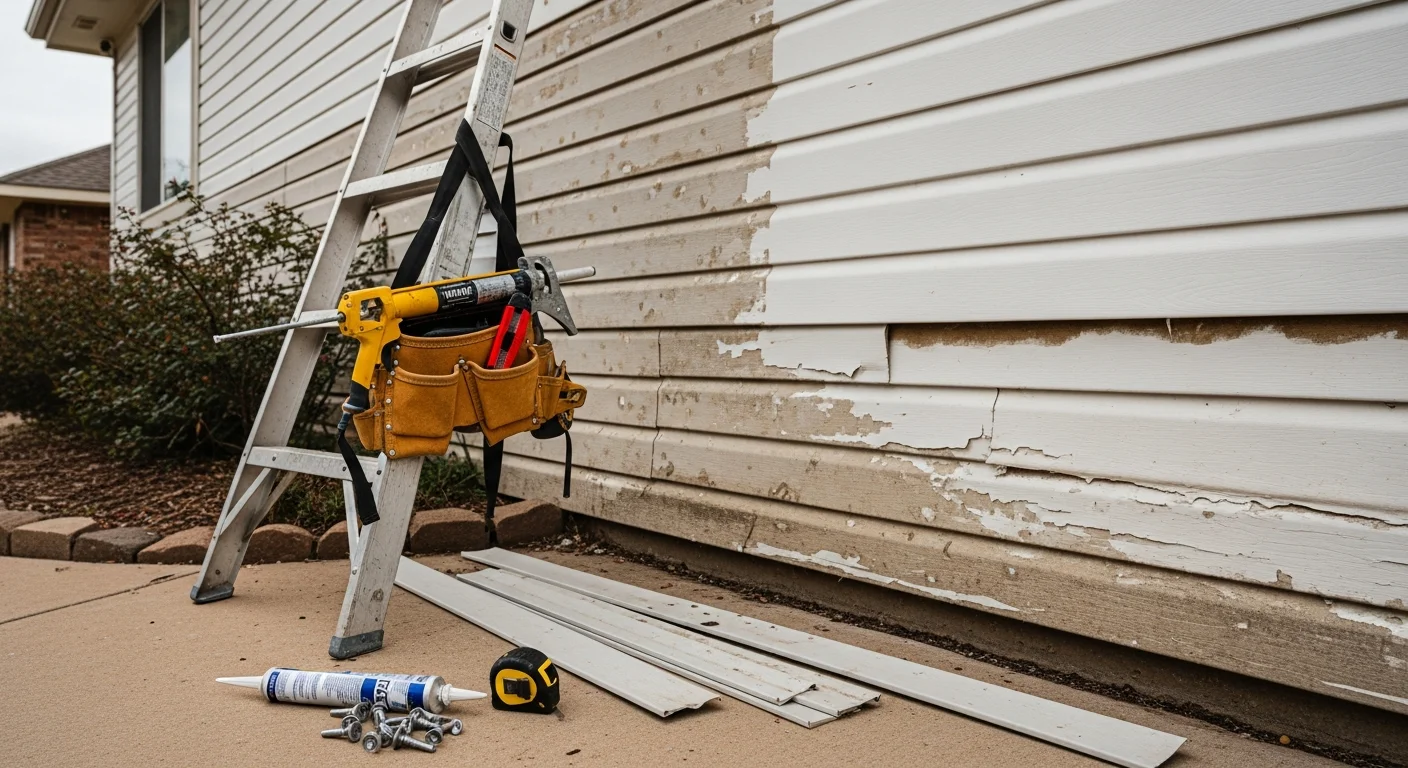 A Webb Roofing and Construction405 crew member inspecting and replacing cracked siding panels on an Oklahoma City residential home exterior after hail damage. Repaired sections show clean, flush panels with no visible gaps or warping.