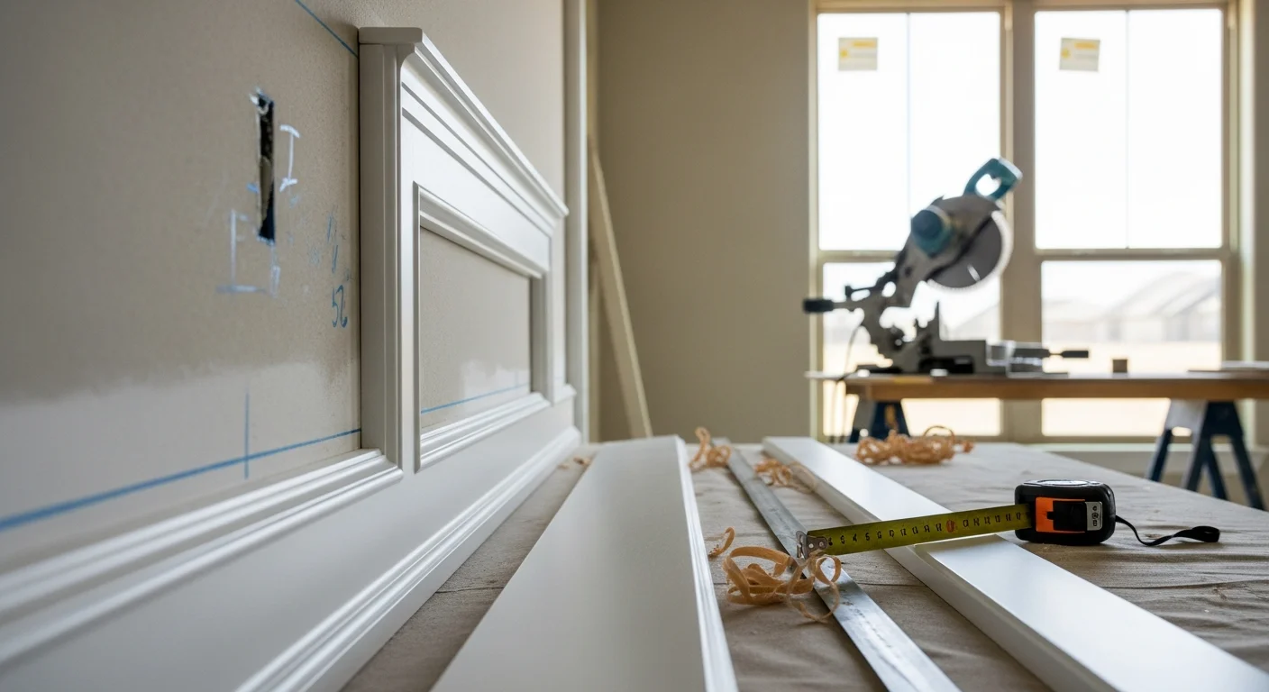 Freshly installed white door casing and baseboard trim inside an Oklahoma City home, with clean miter joints at the corners and a painted wall ready for finishing. Exterior window trim on an Oklahoma City residential property showing tight caulked seams and a uniform painted finish along the facade.
